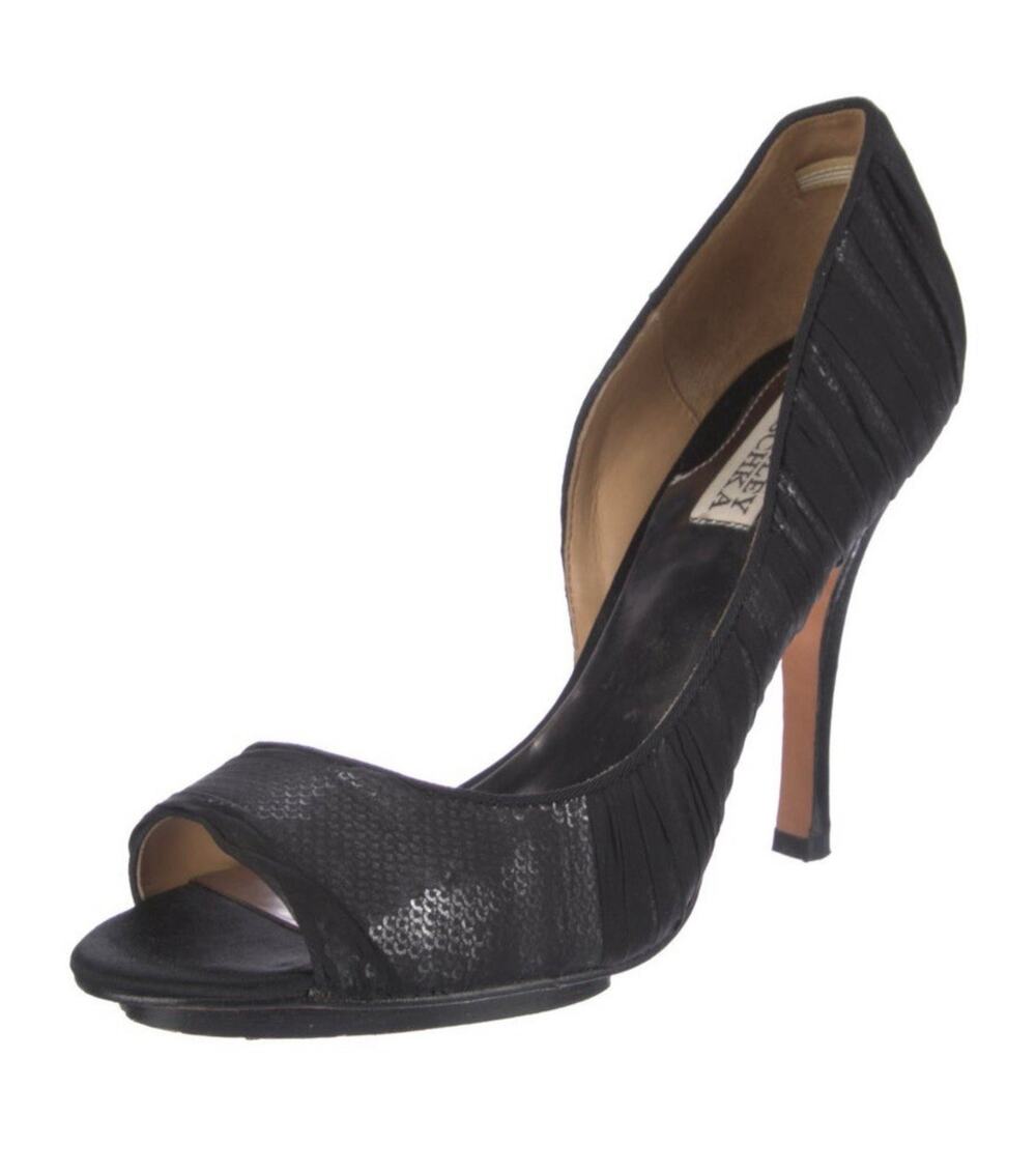 Badgley Mischka Black Chiffon & Sequin Stiletto Heels Peep Toe Platform Sz 8